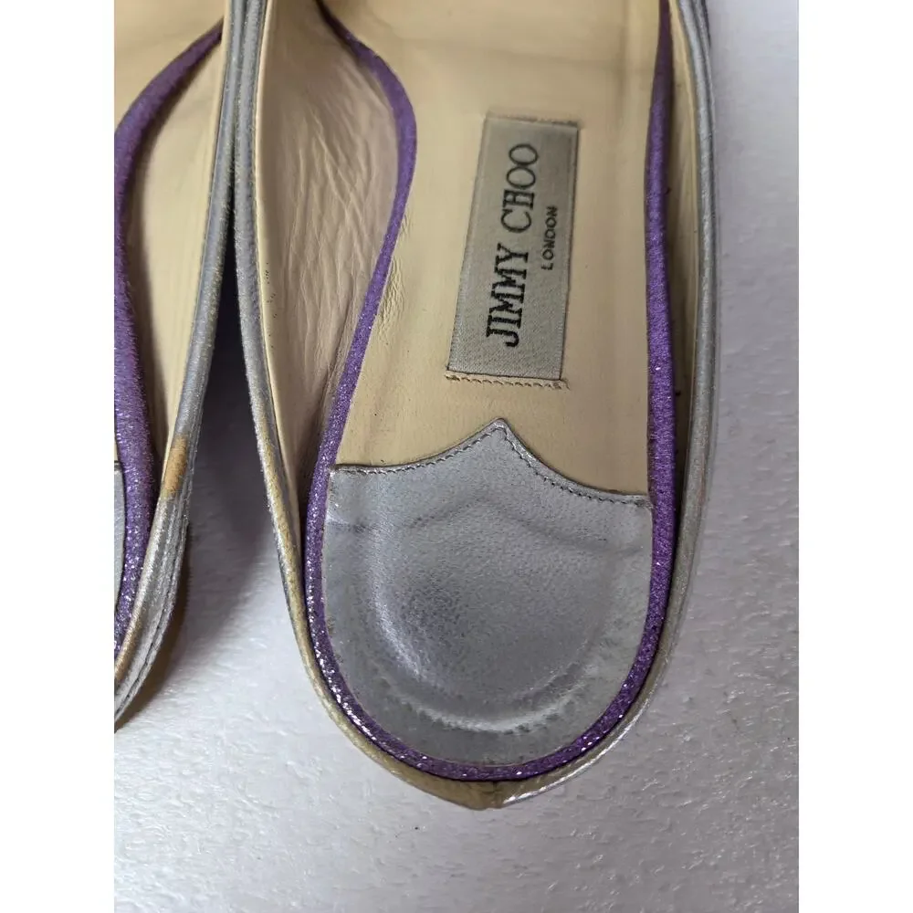 Jimmy Choo Slip On Backless Flats Silver Sparkle Designer 37 1/2 Floral Metalic - Picture 6 of 13